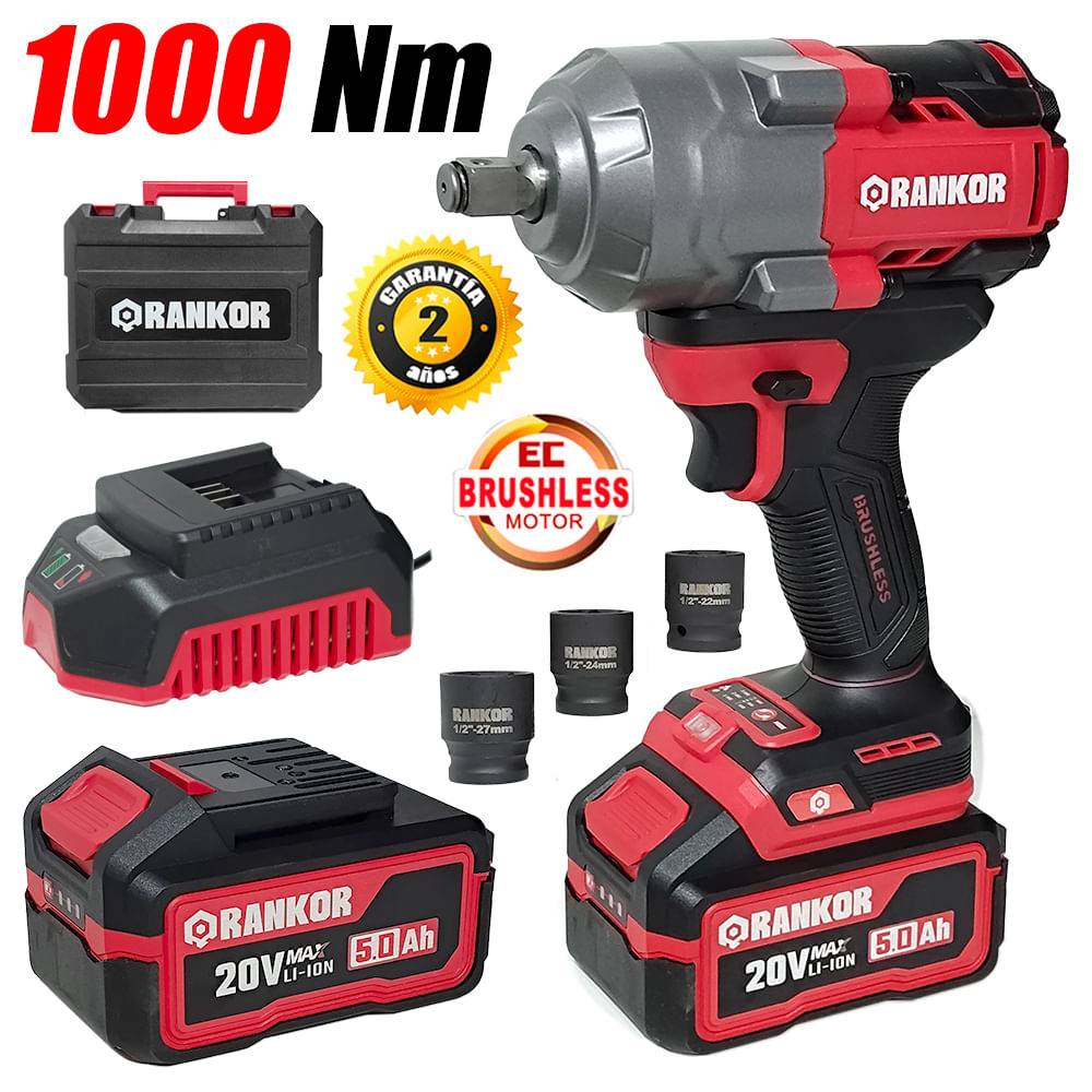 Llave de Impacto Industrial 12.7mm Rankor RLIW20003 20V 1000Nm 2Bat x 5Ah Brushless