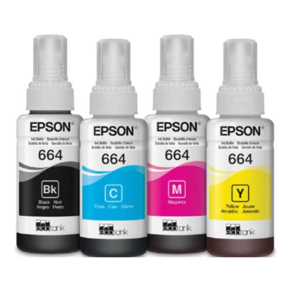 Kit Pack Botella Tinta Epson T664 Negro, Cian, Magenta, Amarillo