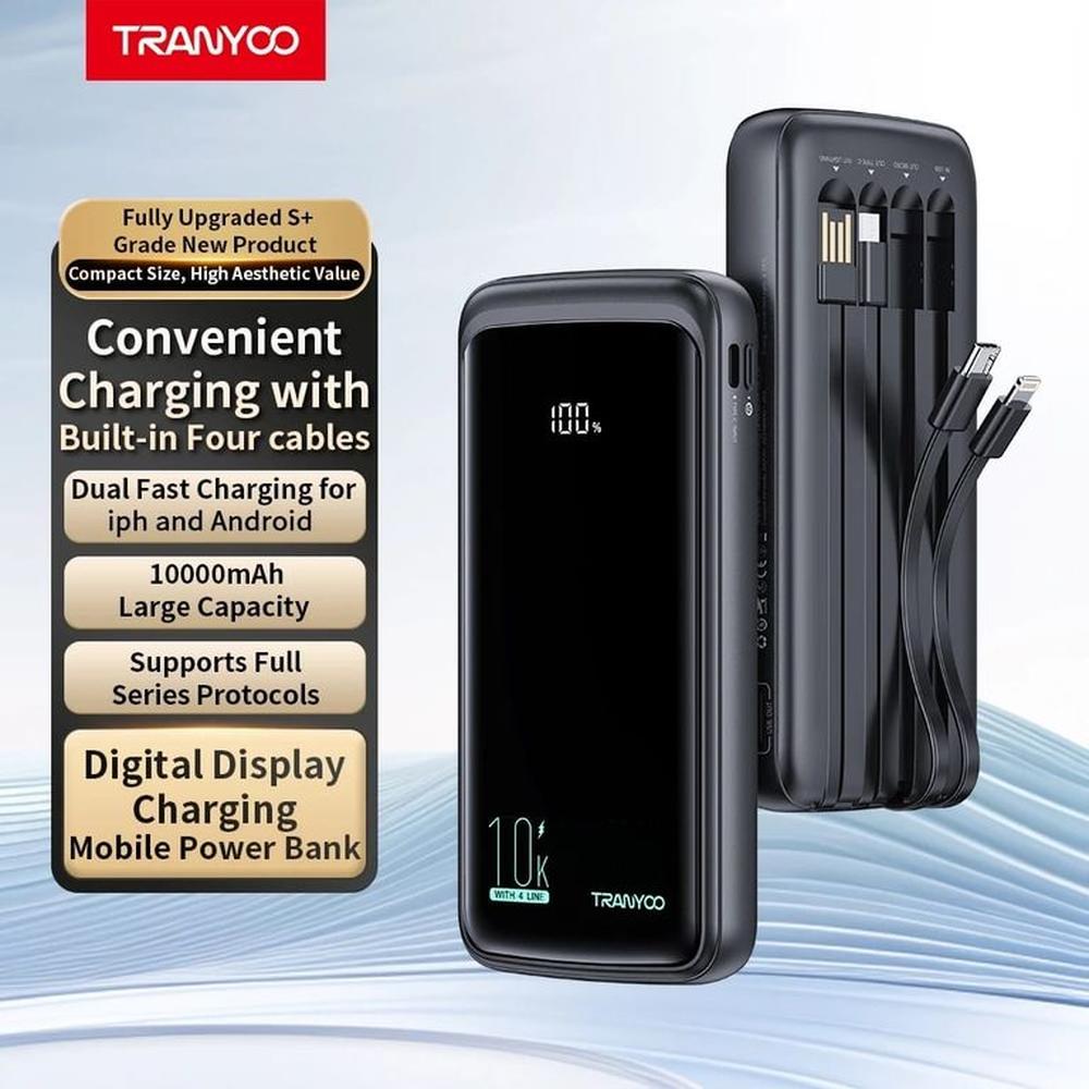 Tranyoo Power Bank 10000mAh con 4 Cables Lightning Tipo-C Carga Rápida
