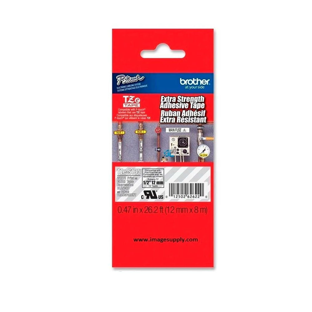 Cinta adhesiva Brother TZeS135 1/2"" blanca sobre transparente - Ideal para etiquetado industrial