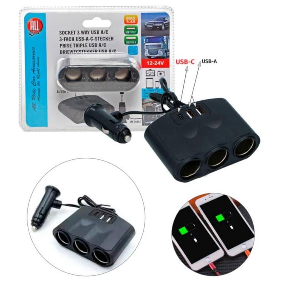 Cargador Celular Para Auto Vehículo Triple 2x USB-A 1x USB-C 12-24V 3A