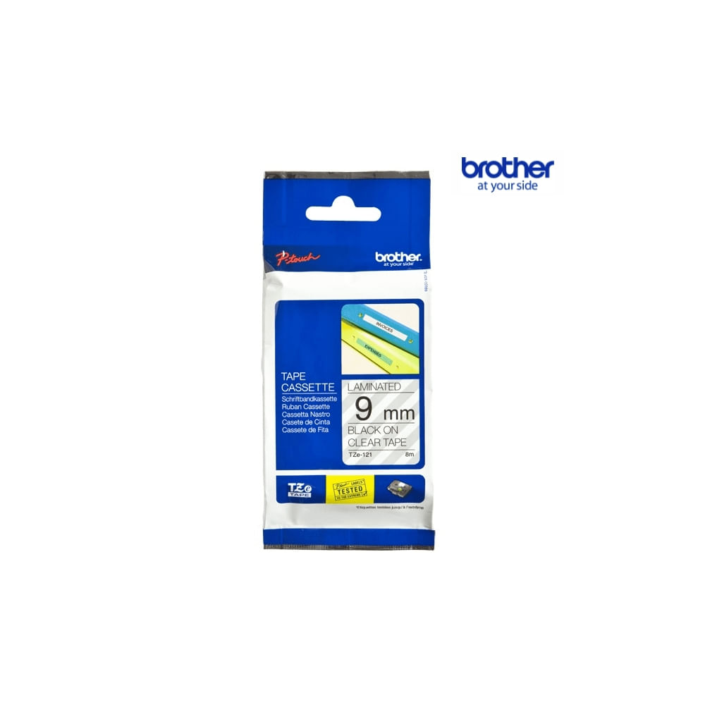 Cinta compatible Brother TZe121 3/8"" (9mm) negra sobre transparente, ideal para etiquetar y organiz