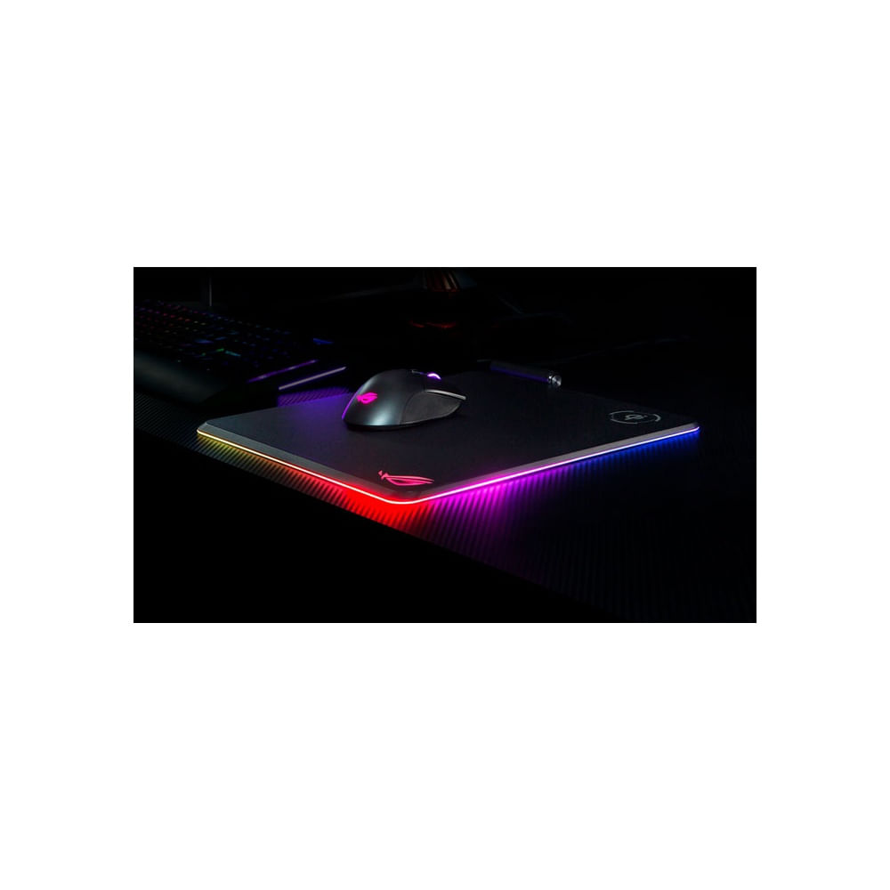 Mouse pad gaming ASUS ROG Balteus Qi RGB con carga inalámbrica, gran tamaño y efectos luminosos.