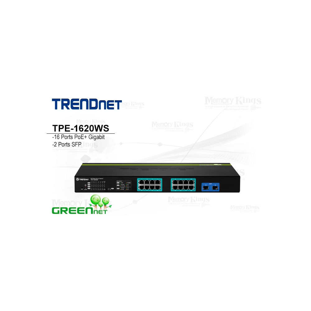 Switch Gigabit Ethernet 16 Puertos Smart TRENDNET TPE-1620WS con PoE+ y gestión avanzada