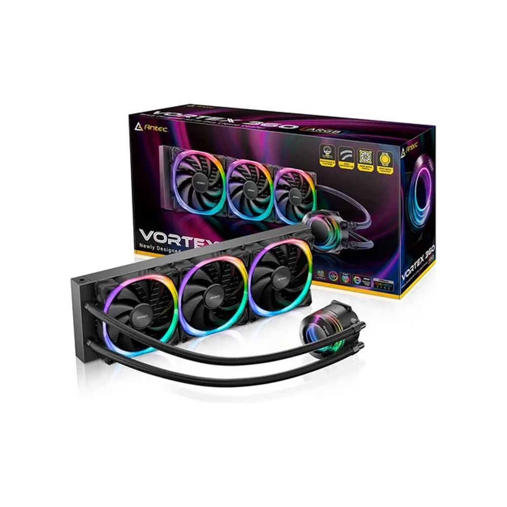 Enfriador de CPU líquido Antec Vortex 360 ARGB, alto rendimiento, diseño RGB, 360 mm de tamaño