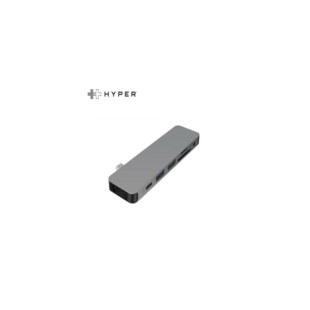 HUB USB-C Hyper 7 en 1 con HDMI, USB-A 3.0, lector de tarjetas y carga Power Delivery 60W - Gris