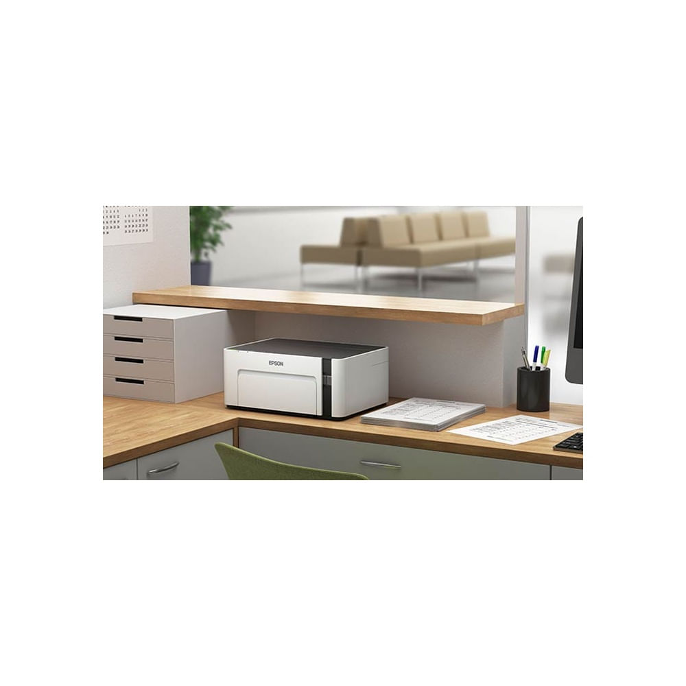 Impresora Epson EcoTank M1120 en blanco y negro, conectividad WiFi y USB, ideal para oficina.