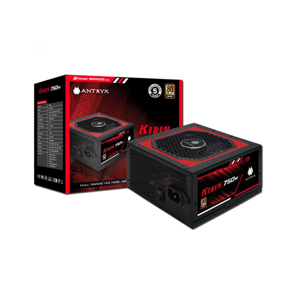 Fuente de alimentación 750W Antryx Kirin V2 - Eficiencia 80 Plus Bronze, ideal para gaming y PC.