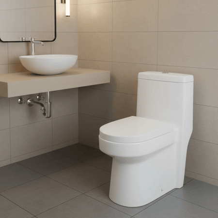 COMBO Orange: Inodoro One Piece Antartico con faldón Blanco + Ovalin Circular Asti para Sobreponer 41cm Blanco