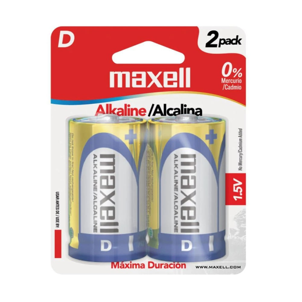 Batería Alcalina Maxell LR20 D de 1.5V - Paquete de 2, Potente y Duradera para Dispositivos Electró