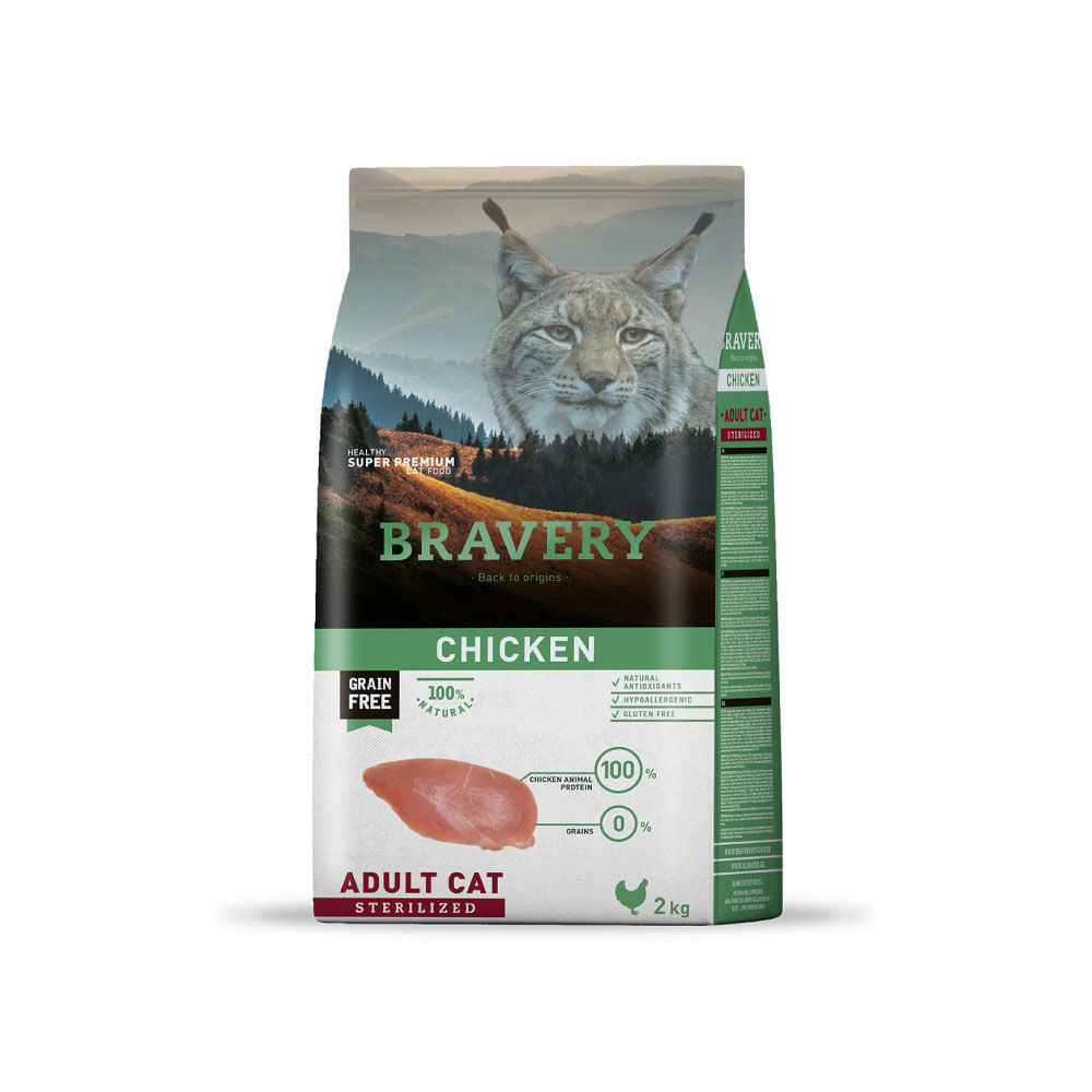 Alimento para Gatos Adultos Esterilizado Bravery Pollo 2 Kg