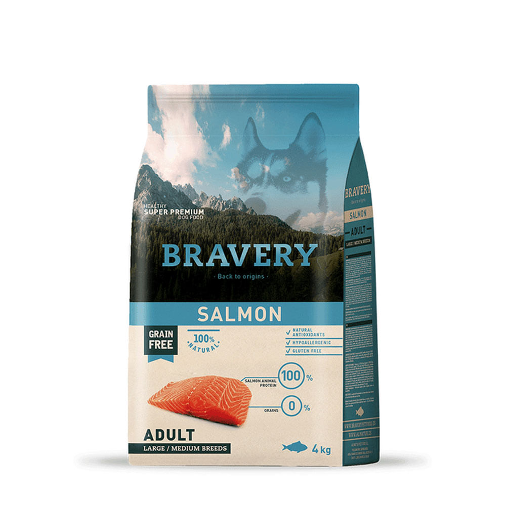 Alimento para Perros Raza Grande Adulto Bravery Salmón 4Kg