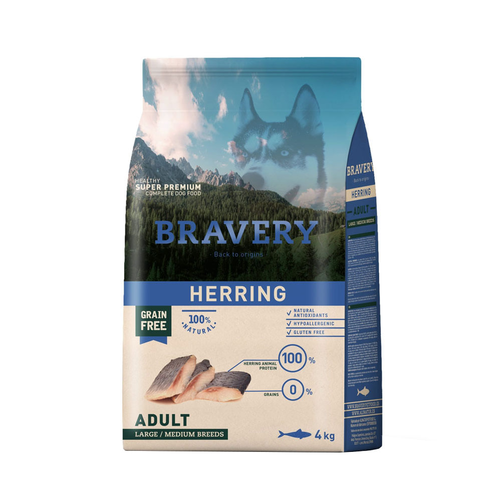 Alimento Bravery Herring Adulto Razas Medianas/Grandes 4Kg