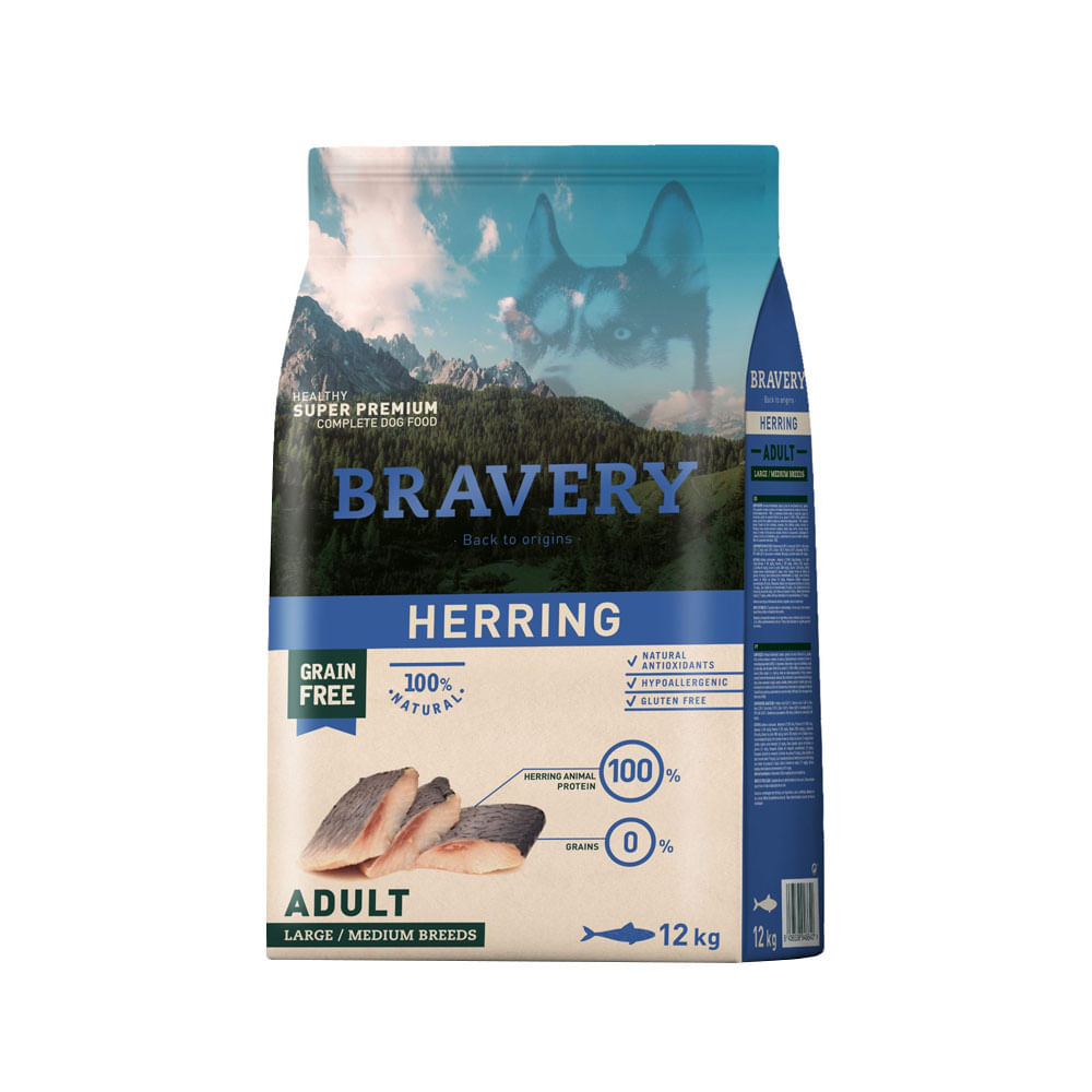 Alimento Bravery Herring Adulto Razas Medianas/Grandes 12Kg