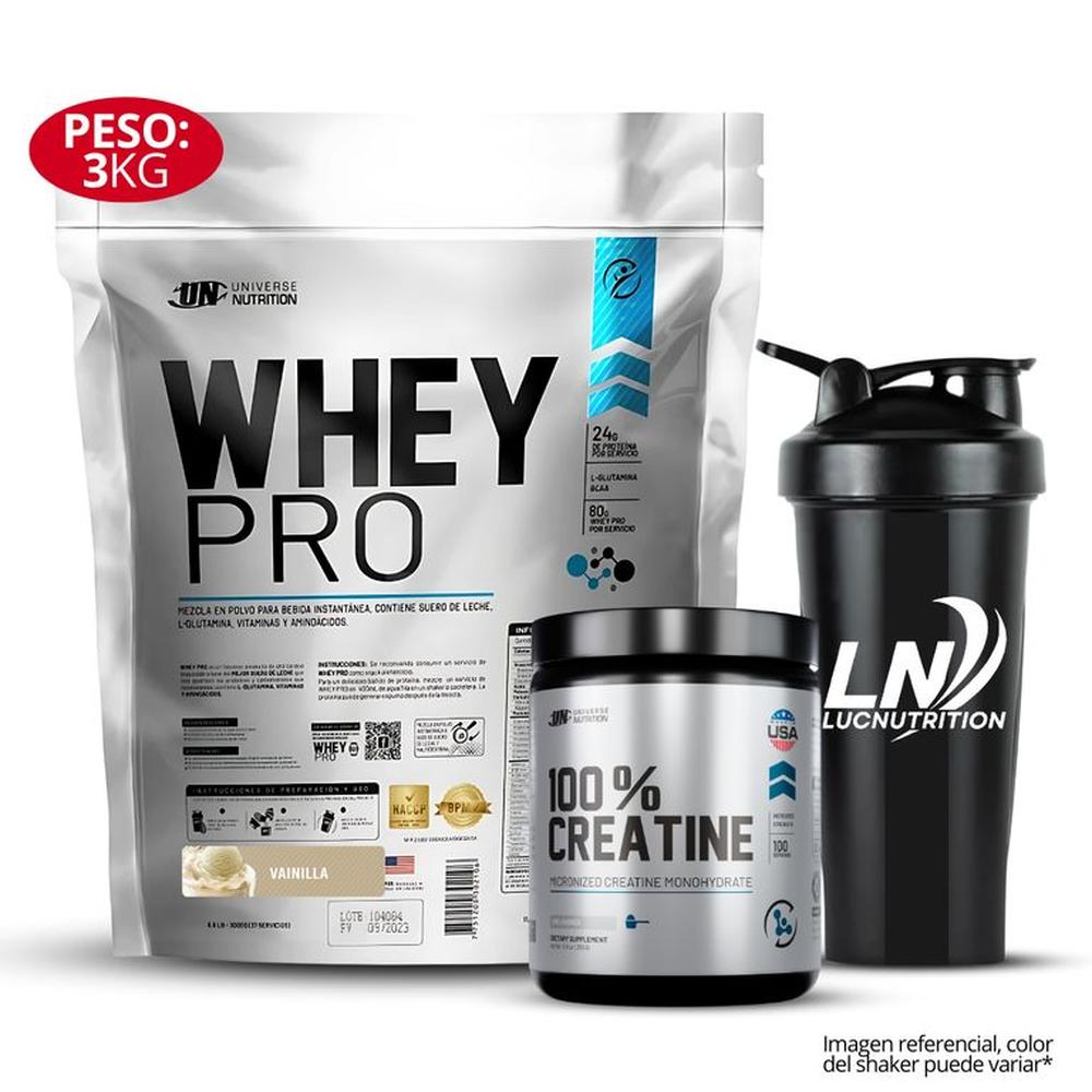 Proteina Whey Pro 3 kg Sabor Vainilla + 100 % creatina 250 gr shaker