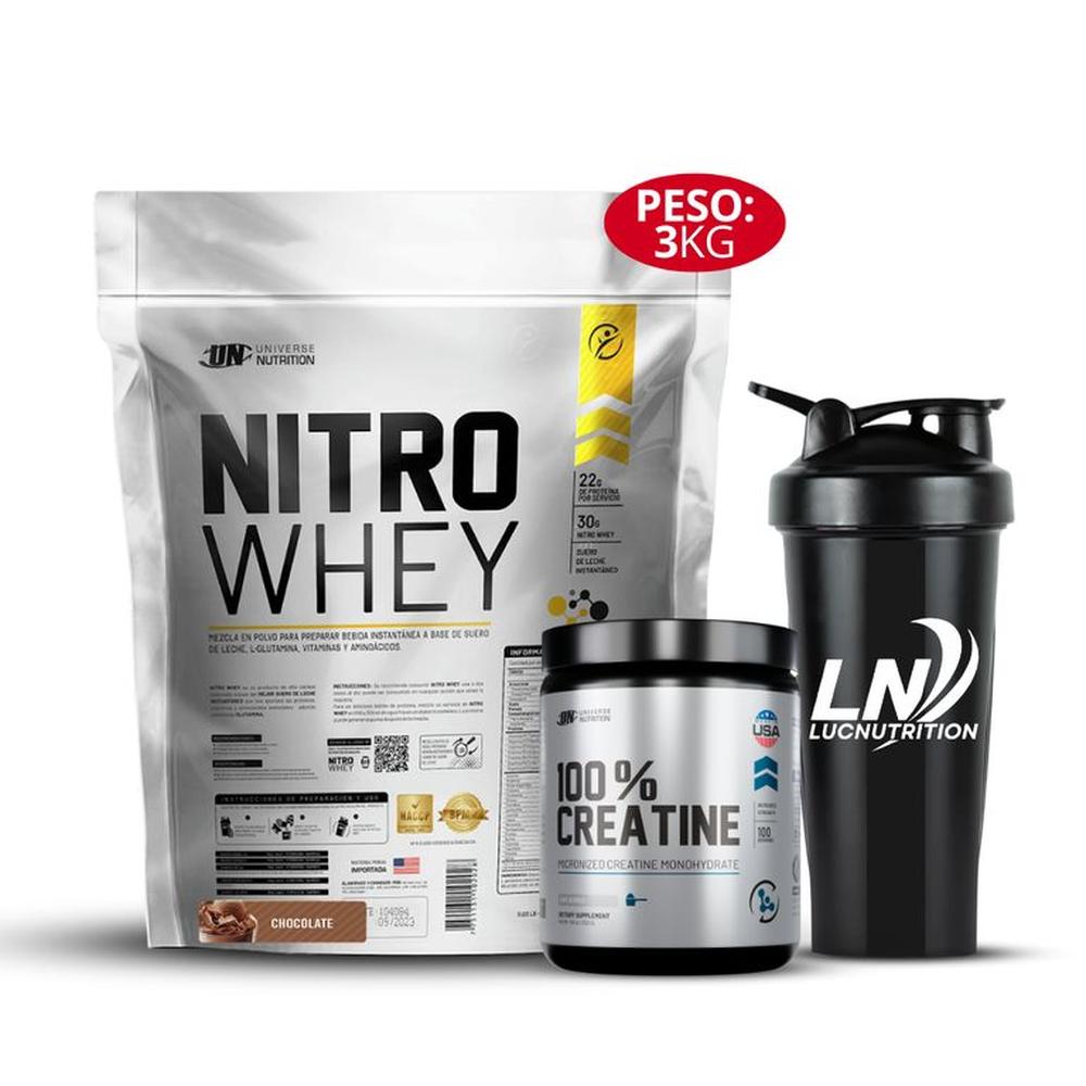 Nitro whey 3 Kg Chocolate + Creatina universe nutrition 250 g + Shaker