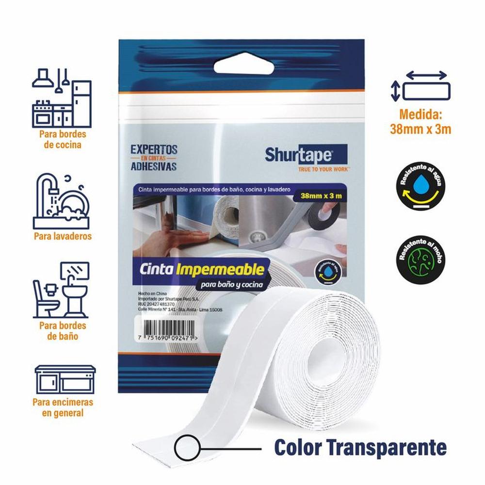 Cinta Impermeable Transparente - para baño y cocina 38mm x 3m