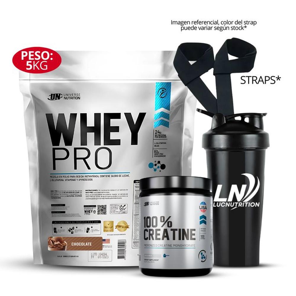 Whey Pro 5 kg Chocolate y Creatina universe nutrition 250 g Shaker Straps