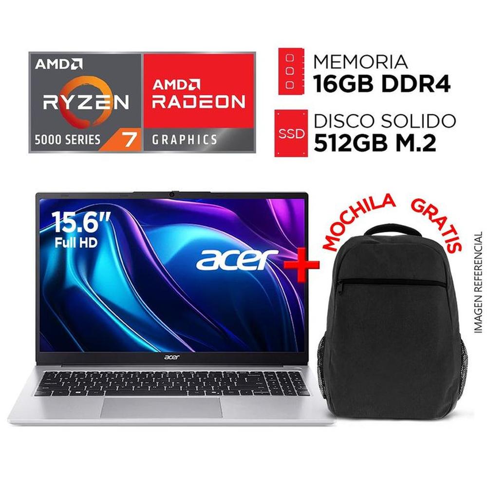 Laptop ACER RYZEN 7 5700U RAM 16GB SSD 512GB Pantalla 15.6” FULL HD + MOCHILA