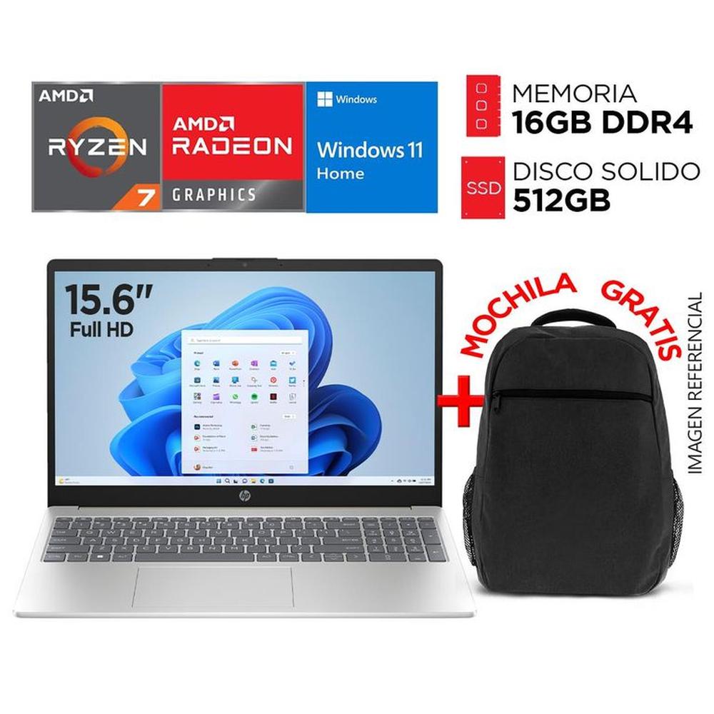 Laptop HP Amd Ryzen 7 7730U RAM 16GB SSD 512GB WINDOWS 11 Pantalla 15.6” FULL HD + MOCHILA