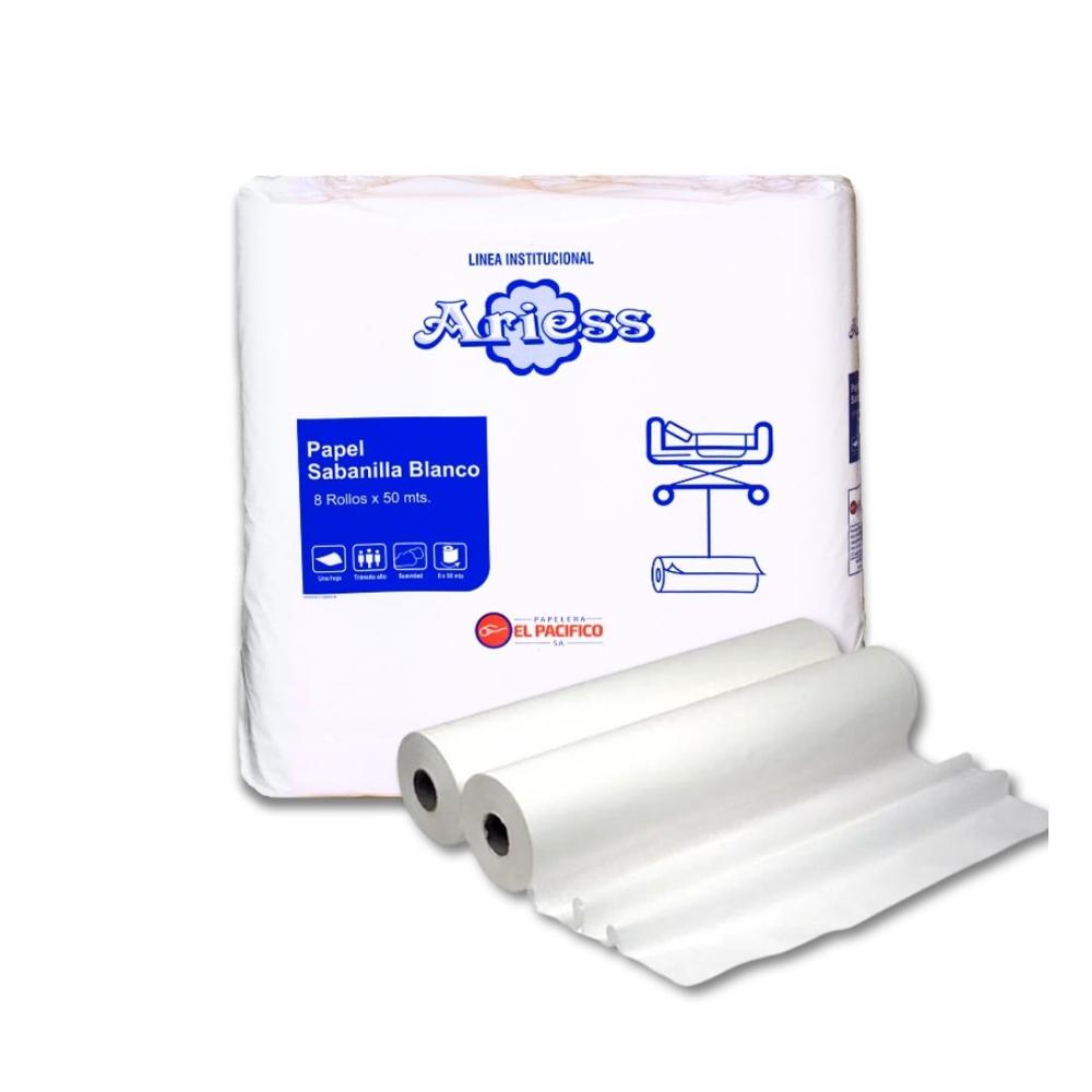 Papel Sabanilla con Precorte Ariess 50 mt 100% Celulosa Bolsa por 8 Rollos