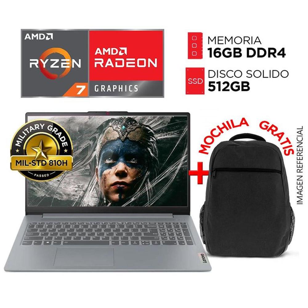Laptop LENOVO RYZEN 7 5825U RAM 16GB SSD 512GB Pantalla 15.6” FULL HD + MOCHILA