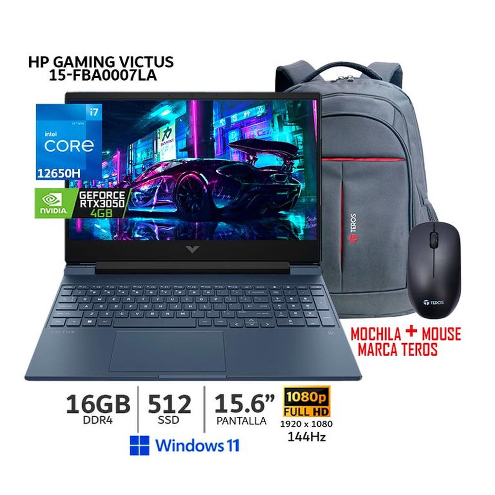 Laptop HP Victus 15-FA0007LA i7-12650H 16Gb Ram 512Gb SSD T.Video RTX 3050 4Gb 15.6 FHD Wind 11