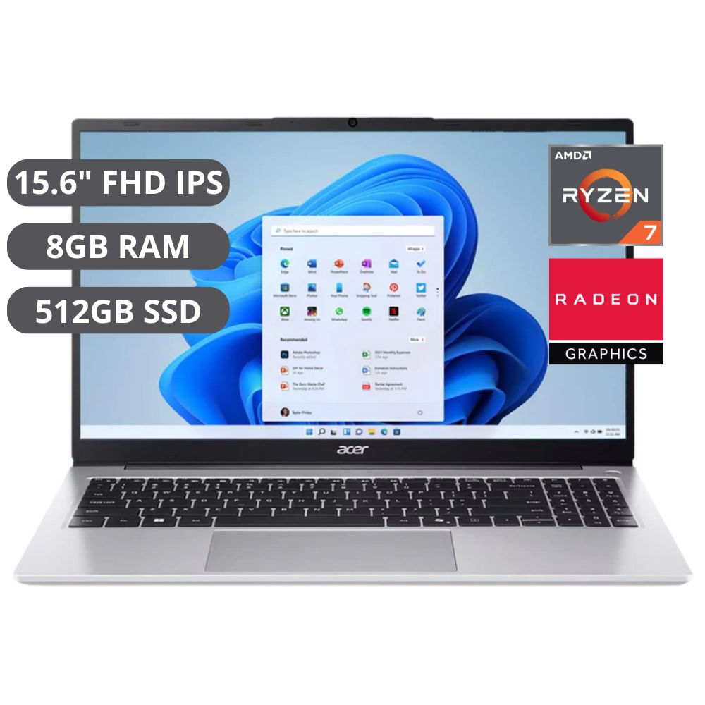 Laptop ACER 15.6"" FHD IPS AMD Ryzen 7 RAM 8GB SSD 512GB con Windows 11 AL15-43P-R8W7 Plata Clara
