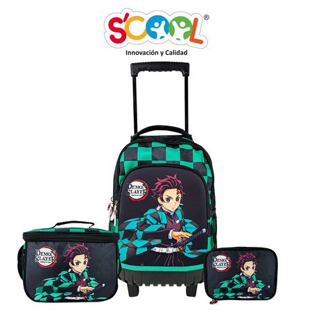 Pack Mochila Con Ruedas Carry On + Lonchera + Cartuchera Scool Demon Slayer