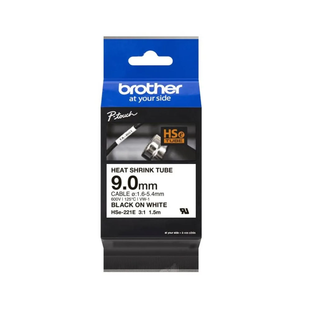 Cinta Termorretráctil Brother HSe-221E 9mm x 1.5m Negro sobre Blanco, Ideal para Cableado Organizad