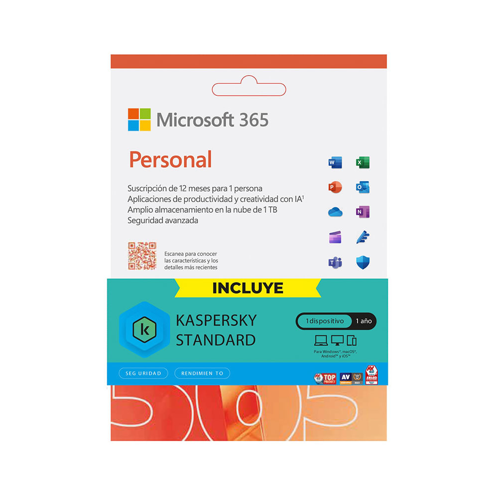 Licencia Microsoft 365 Personal y Kaspersky Standard 12 Meses para 1 Usuario – Protección y Product