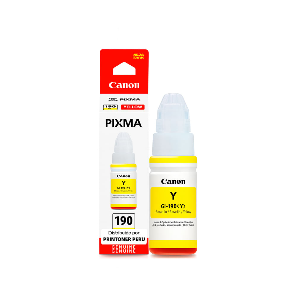 Tinta Canon GI-190Y Amarilla – Alta Capacidad, Ideal para Impresoras a Color, 135 ml