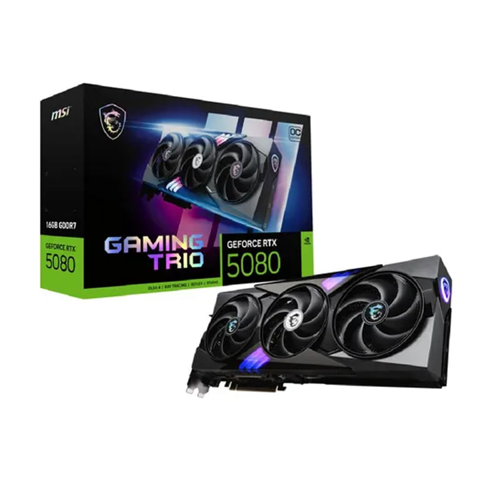 Tarjeta de video MSI RTX 5080 Gaming Trio OC con 16GB, HDMI, DP, PCIe – Rendimiento superior para g