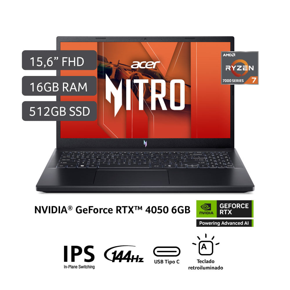Laptop Gamer Acer Nitro V AMD Ryzen™ 7 7735HS 16GB RAM 512GB SSD 15.6"" RTX 4050
