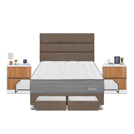 Dormitorio Forli Pockinget Con 4 Cajones 2 Plazas + Velador Roma + Respaldo Marron