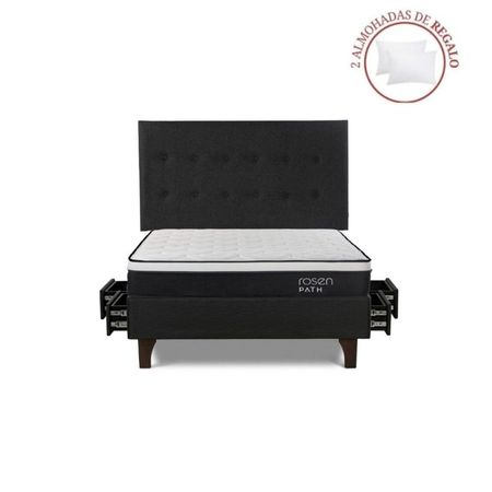 Dormitorio con Cajones Path 2 Plazas + Respaldo West Grafito + 2 Almohadas Dormitorio con Cajones Path 2 Plazas + Respaldo West Grafito