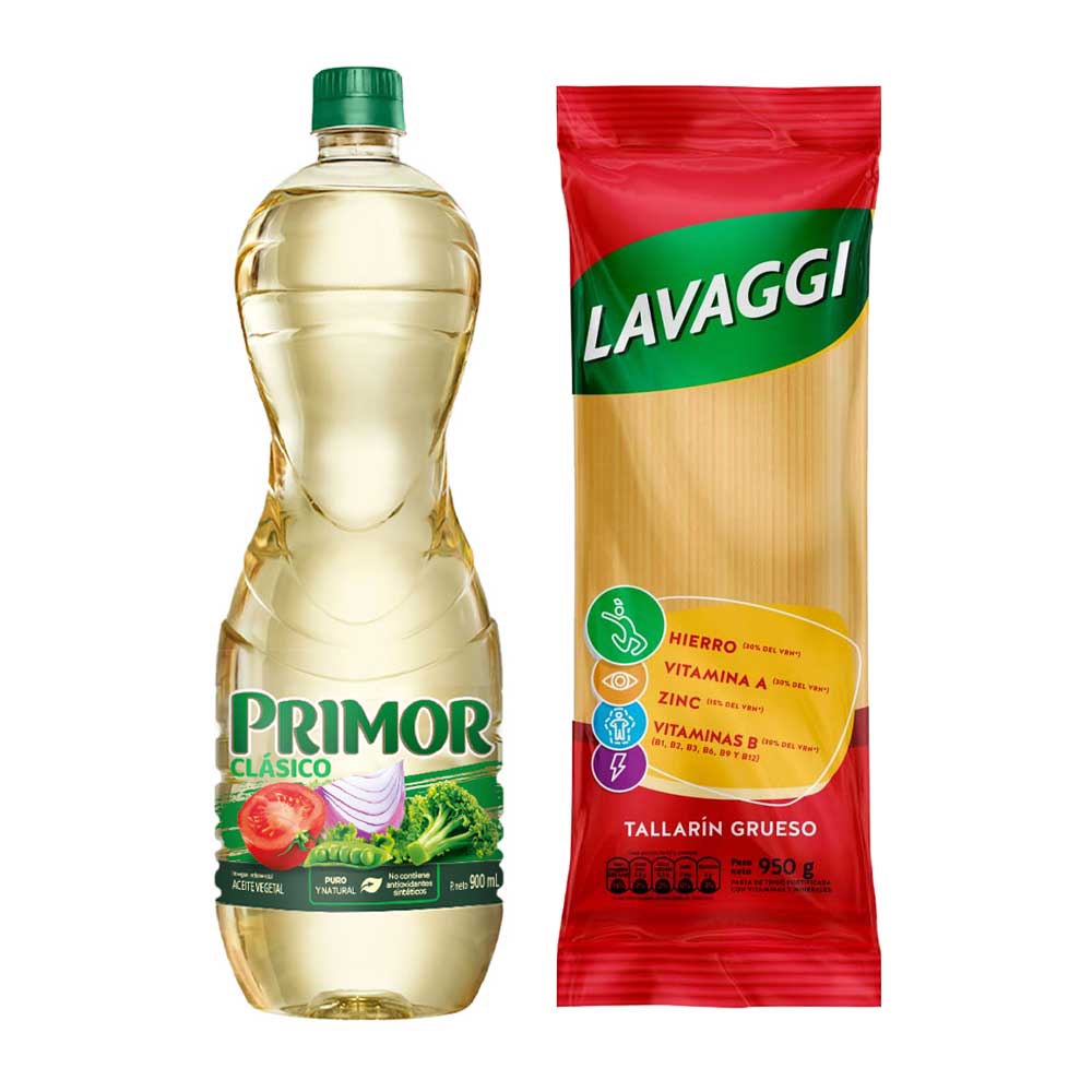 Pack Aceite Vegetal PRIMOR Clásico Botella 900ml + Fideo Tallarín LAVAGGI Bolsa 950g