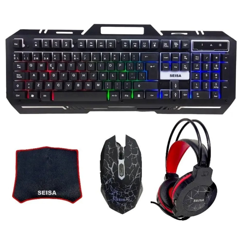 Combo Gamer Seisa 4 en 1 Teclado Mouse Audifonos PadMouse RGB