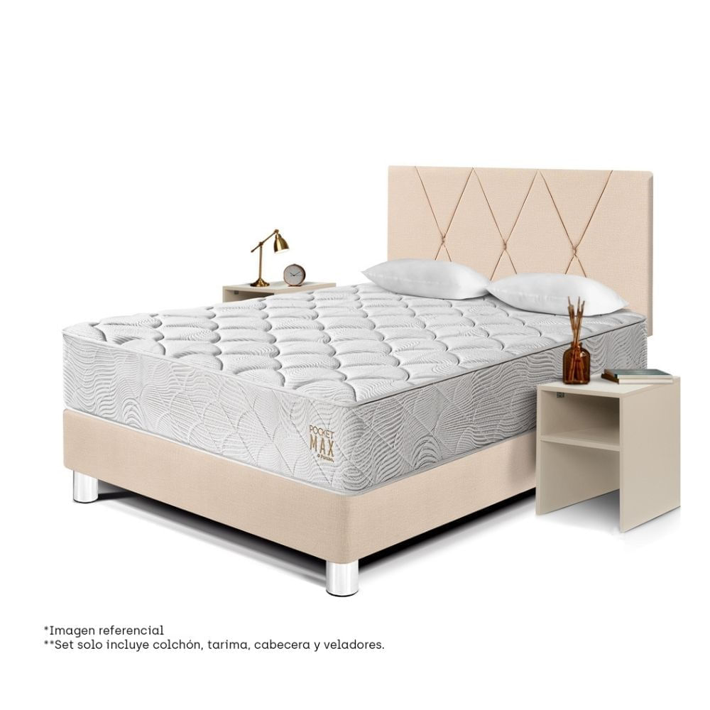 Combo Dormitorio Paraiso Pocket Max 2 plazas Champagne + 2 Veladores