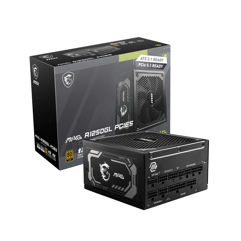 Fuente de Poder MSI MAG A1250GL 1250W 80 Plus Gold, Eficiencia y Rendimiento para Gaming