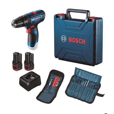 COMBO Bosch Inalámbrico: Taladro Atornillador GSB 120-Li + 2 Baterías + Cargador + Maletín + Set de 23 accesorios