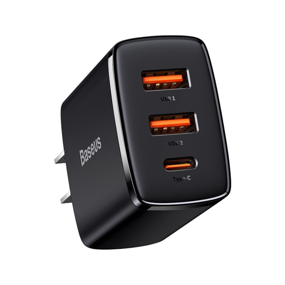 Cargador Rápido USBx2 Y USB-C, 30W, Negro, Baseus