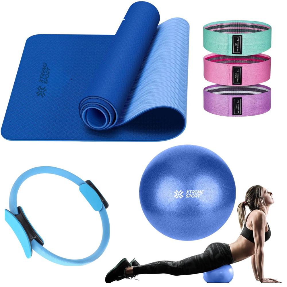 Equipo de Pilates para Entrenamiento Pelota 25 cm+ Aro +Mat y Bandas Azul