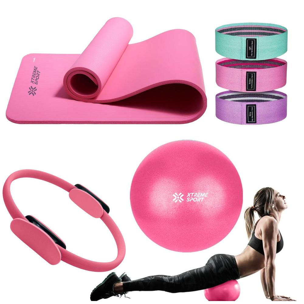 Equipo de Pilates para Entrenamiento Pelota 25 cm+ Aro +Mat y Bandas Rosa