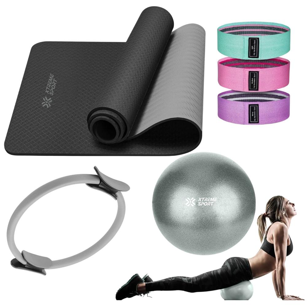 Equipo de Pilates para Entrenamiento Pelota 25 cm+ Aro +Mat y Bandas Gris