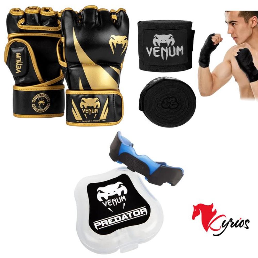 COMBO 3 EN 1 VENUM GUANTES DE MMA TALLA (M)+BUCAL+VENDAS M Oro