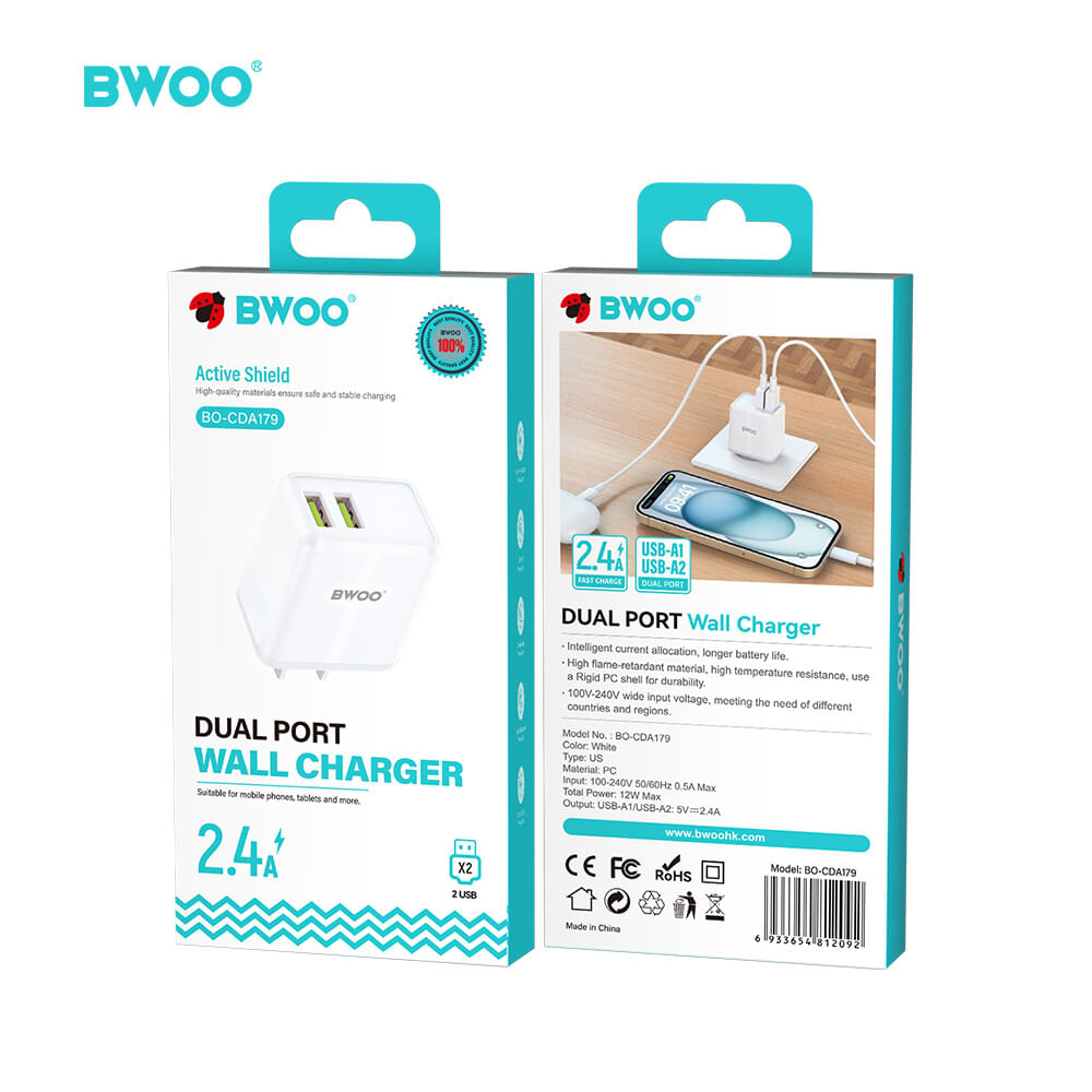 CARGADOR DE PARED DUAL ESTÁNDAR 02 USB 3.0 iOS  ANDROID CDA179 BWOO