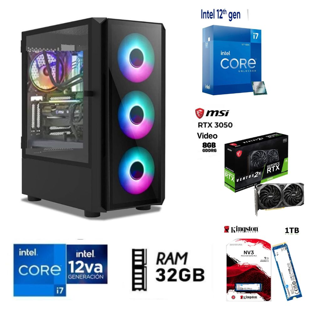 Computadora PC Gamer Core i7-12TH Ram 32GB DISCO SSD 1TB VIDEO RTX 3050 8GB CASE RGB