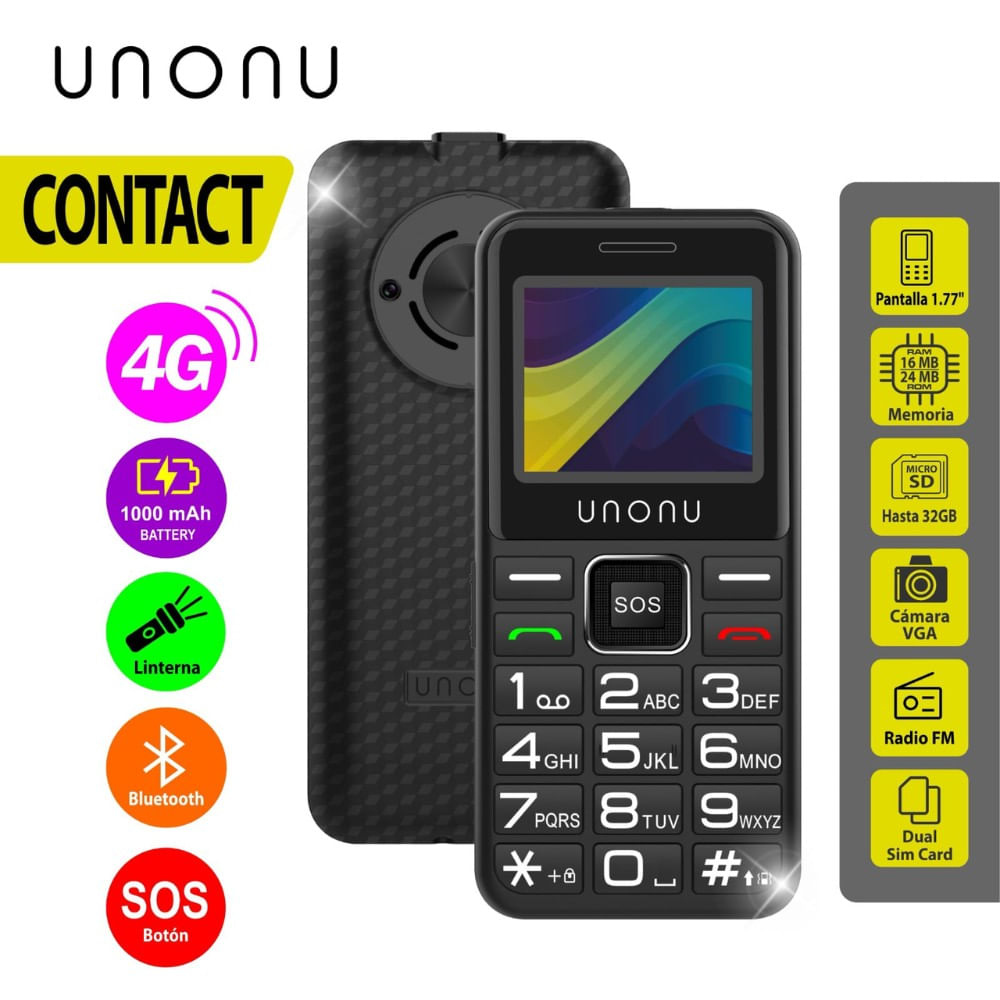 Celular Unonu Contact 4G, Pantalla de 1.77"",Bateria 1000 mAh, Radio FM
