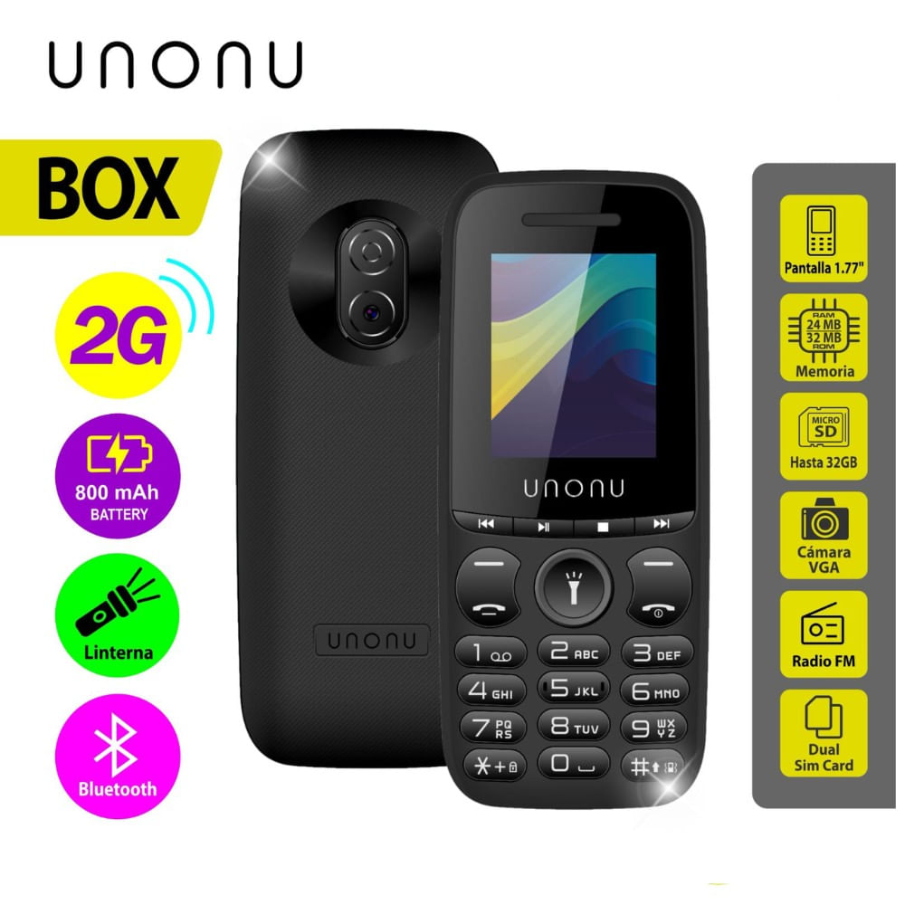 Celular Unonu Box 2G, Pantalla de 1.77"",Bateria 800 mAh, Radio FM